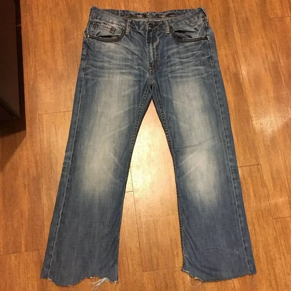 Buffalo‎ David Bitton Mens Blue Jeans 34X28 Boot Cut Ripped Rough Cuffs Denim